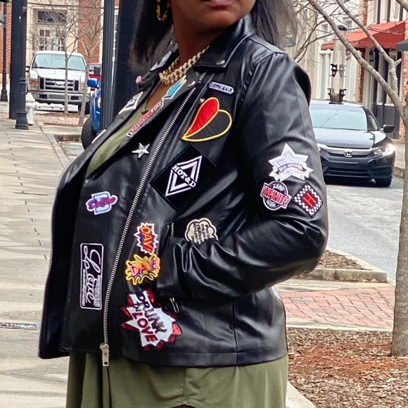 Faux Leather Motorcycle Jacket with Patches - Picture 4 of 4